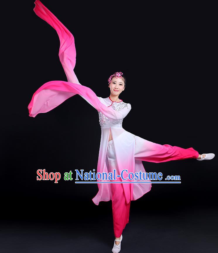 Traditional Chinese Yangge Fan Dancing Costume, Folk Dance Yangko Gradient Water Sleeve Paillette Uniforms, Classic Umbrella Dance Elegant Dress Drum Dance Clothing for Women