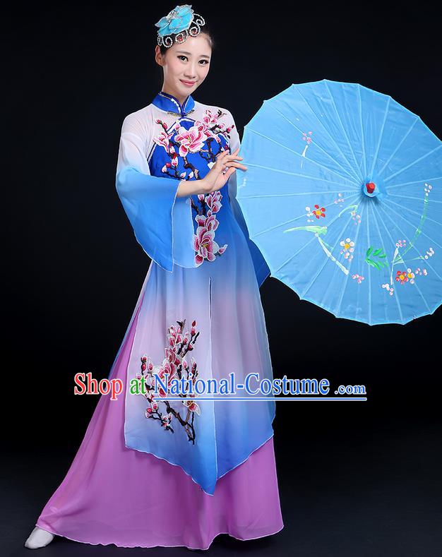 Traditional Chinese Yangge Fan Dancing Costume, Folk Dance Yangko Gradient Water Sleeve Embroider Plum Blossom Uniforms, Classic Umbrella Dance Elegant Dress Drum Dance Blue Clothing for Women