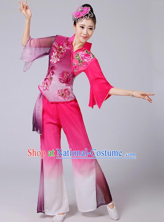 Traditional Chinese Yangge Fan Dancing Costume, Folk Dance Yangko Mandarin Sleeve Paillette Blouse and Pants Uniforms, Classic Dance Elegant Dress Drum Dance Pink Clothing for Women