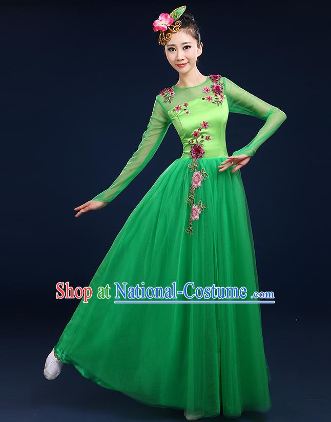 Traditional Chinese Modern Dancing Compere Costume, Women Opening Classic Dance Chorus Singing Group Bubble Uniforms, Modern Dance Classic Dance Big Swing Green Long Dress for Women