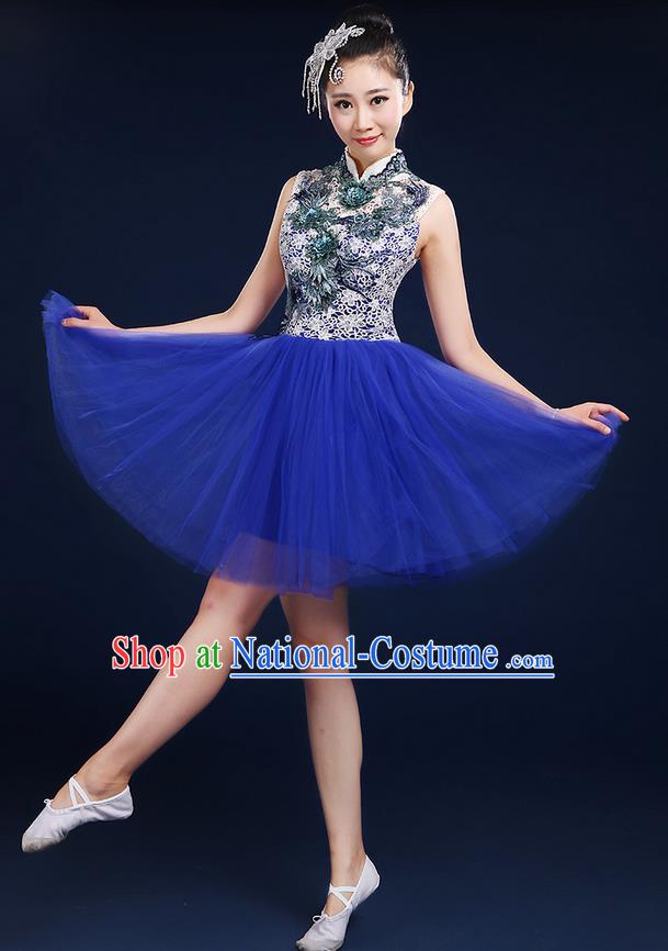 Traditional Chinese Modern Dancing Compere Costume, Women Opening Classic Dance Chorus Singing Group Bubble Uniforms, Modern Dance Classic Dance Big Swing Blue Short Dress for Women