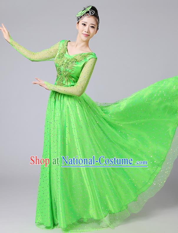 Traditional Chinese Modern Dancing Compere Costume, Women Opening Classic Dance Chorus Singing Group Bubble Uniforms, Modern Dance Classic Dance Big Swing Green Long Dress for Women