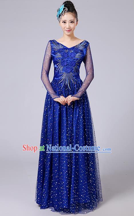 Traditional Chinese Modern Dancing Compere Costume, Women Opening Classic Dance Chorus Singing Group Bubble Uniforms, Modern Dance Classic Dance Big Swing Blue Long Dress for Women