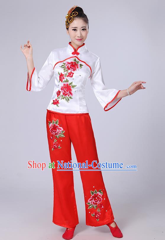 Traditional Chinese Yangge Fan Dancing Costume, Folk Dance Yangko Mandarin Collar Peony Embroidery Blouse and Pants Uniforms, Classic Dance Elegant Dress Drum Dance Clothing for Women