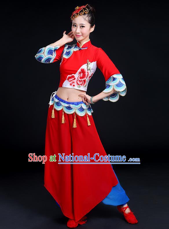 Traditional Chinese Yangge Fan Dancing Costume, Folk Dance Yangko Mandarin Collar Peony Tassel Blouse and Pants Uniforms, Classic Dance Elegant Dress Drum Dance Clothing for Women