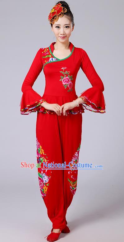 Traditional Chinese Yangge Fan Dancing Costume, Folk Dance Yangko Mandarin Sleeve Embroidery Peony Blouse and Pants Uniforms, Classic Dance Elegant Dress Drum Dance Red Clothing for Women