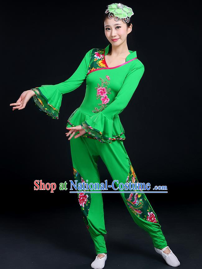 Traditional Chinese Yangge Fan Dancing Costume, Folk Dance Yangko Mandarin Sleeve Embroidery Peony Blouse and Pants Uniforms, Classic Dance Elegant Dress Drum Dance Green Clothing for Women