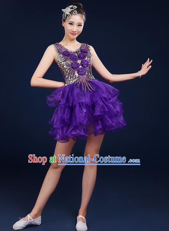 Traditional Chinese Modern Dancing Compere Costume, Women Opening Classic Dance Chorus Singing Group Bubble Uniforms, Modern Dance Classic Dance Short Dress for Women