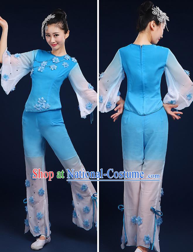 Traditional Chinese Yangge Fan Dancing Costume, Folk Dance Yangko Mandarin Sleeve Jasmine Flower Blouse and Pants Uniforms, Classic Dance Elegant Dress Drum Dance Blue Clothing for Women