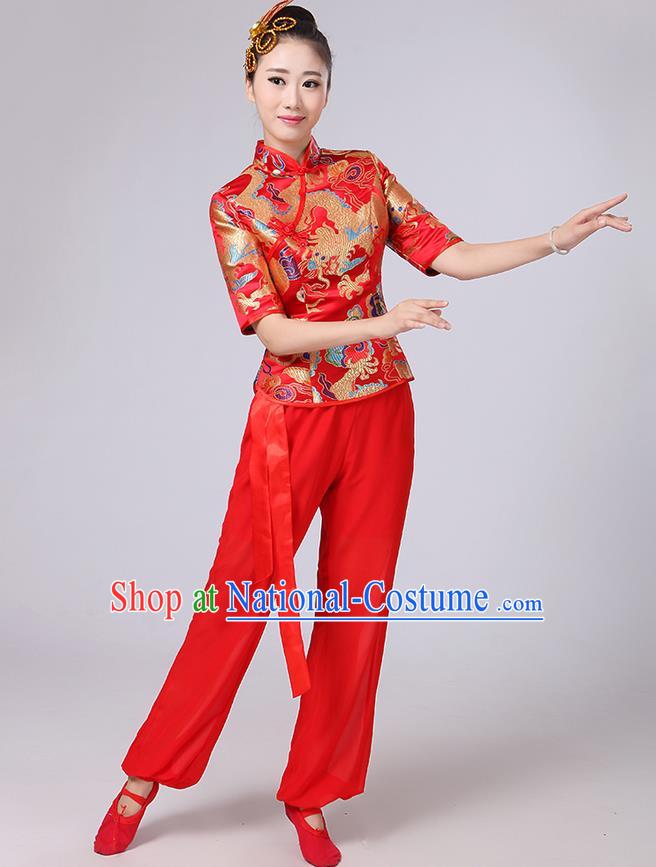 Traditional Chinese Yangge Fan Dancing Costume, Folk Dance Yangko Mandarin Collar Embroidered Dragon Blouse and Pants Uniforms, Classic Dance Elegant Dress Drum Dance Red Clothing for Women