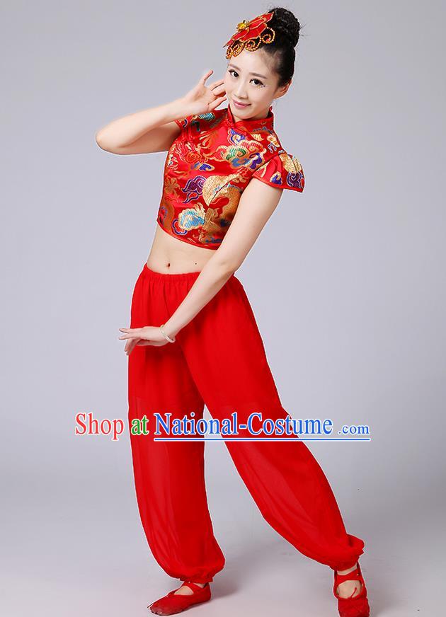 Traditional Chinese Yangge Fan Dancing Costume, Folk Dance Yangko Mandarin Collar Satin Dragon Blouse and Pants Uniforms, Classic Dance Elegant Dress Drum Dance Red Clothing for Women