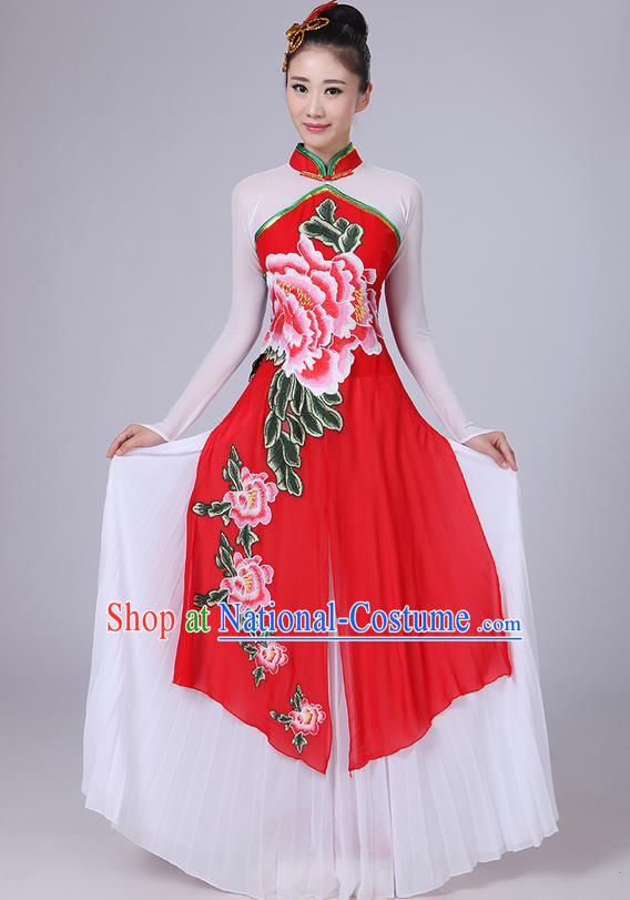 Traditional Chinese Yangge Fan Dancing Costume, Folk Dance Yangko Mandarin Collar Peony Painting Uniforms, Classic Dance Elegant Big Swing Dress Drum Dance Pink Clothing for Women