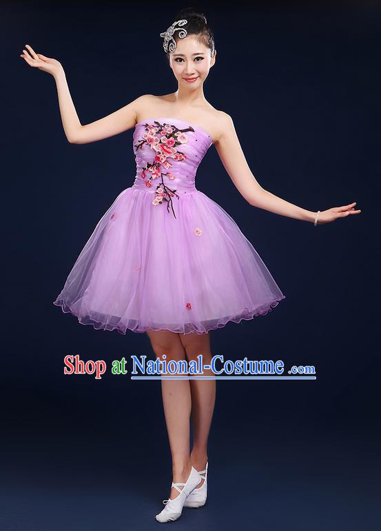 Traditional Chinese Modern Dancing Compere Costume, Women Opening Classic Dance Chorus Singing Group Embroidered Plum Blossom Bubble Uniforms, Modern Dance Classic Dance Big Swing Purple Short Dress for Women