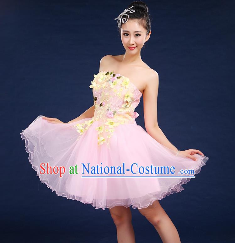 Traditional Chinese Modern Dancing Compere Costume, Women Opening Classic Dance Chorus Singing Group Embroidered Plum Blossom Bubble Uniforms, Modern Dance Classic Dance Big Swing Pink Short Dress for Women