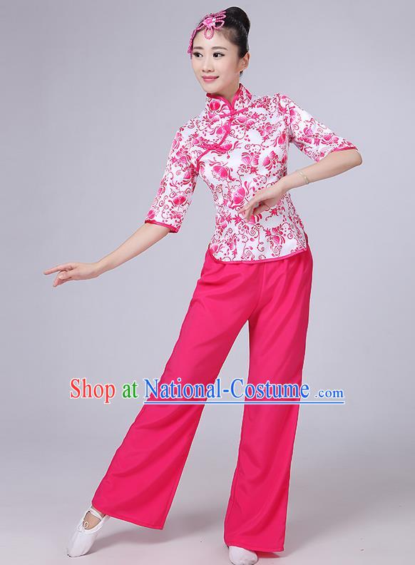 Traditional Chinese Yangge Fan Dancing Costume, Folk Dance Yangko Mandarin Collar Blue and White Porcelain Blouse and Pants Uniforms, Classic Dance Elegant Dress Drum Dance Pink Clothing for Women