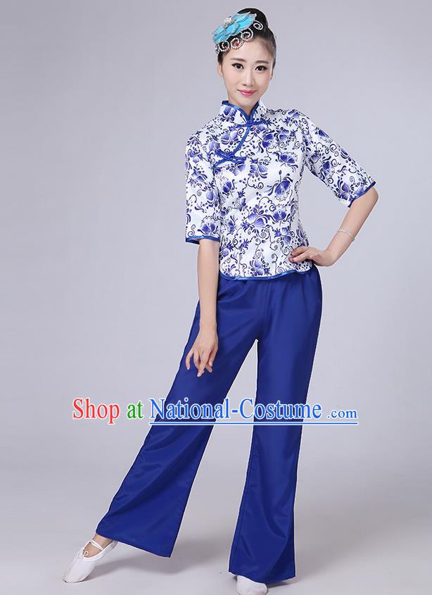 Traditional Chinese Yangge Fan Dancing Costume, Folk Dance Yangko Mandarin Collar Blue and White Porcelain Blouse and Pants Uniforms, Classic Dance Elegant Dress Drum Dance Blue Clothing for Women