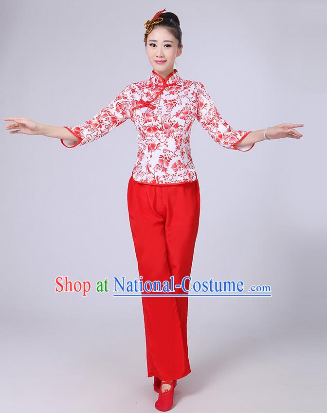 Traditional Chinese Yangge Fan Dancing Costume, Folk Dance Yangko Mandarin Collar Blue and White Porcelain Blouse and Pants Uniforms, Classic Dance Elegant Dress Drum Dance Red Clothing for Women