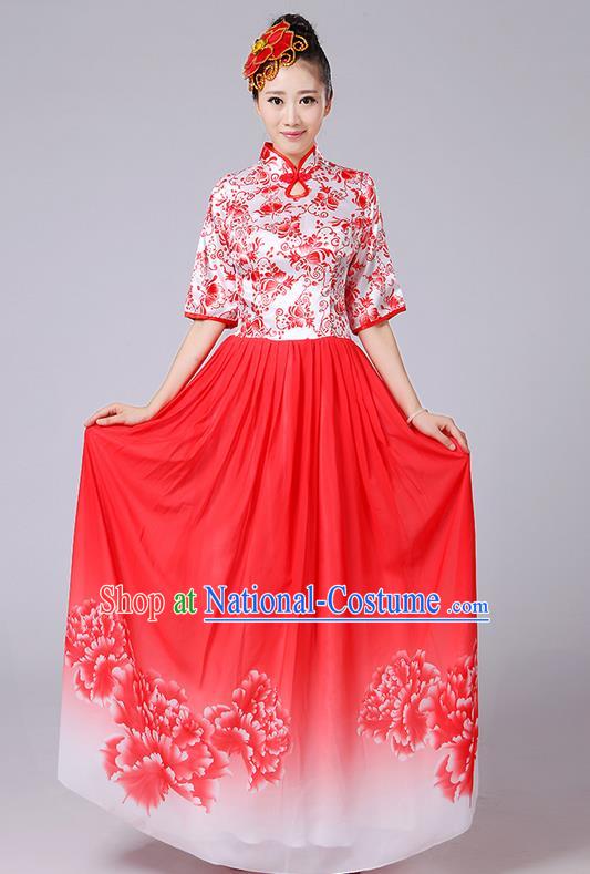 Traditional Chinese Style Modern Dancing Compere Costume, Women Opening Classic Chorus Singing Group Dance Mandarin Collar Peony Uniforms, Modern Dance Classic Dance Red Cheongsam Dress for Women