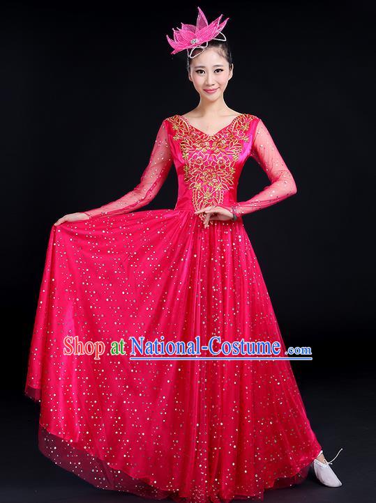 Traditional Chinese Modern Dancing Compere Costume, Women Opening Classic Dance Chorus Singing Group Bubble Gilding Uniforms, Modern Dance Classic Dance Big Swing Pink Long Dress for Women