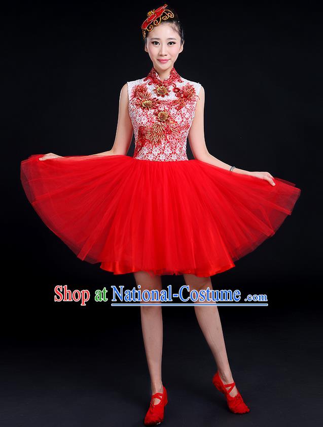 Traditional Chinese Modern Dancing Compere Costume, Women Opening Classic Dance Chorus Singing Group Bubble Gilding Uniforms, Modern Dance Classic Dance Big Swing Red Short Dress for Women