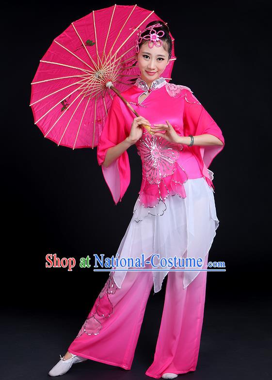 Traditional Chinese Yangge Fan Dancing Costume, Folk Dance Yangko Mandarin Collar Peony Blouse and Pants Uniforms, Classic Dance Elegant Big Swing Dress Drum Dance Pink Clothing for Women