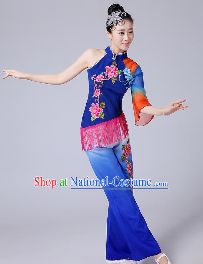 Traditional Chinese Yangge Fan Dancing Costume, Folk Dance Yangko Mandarin Sleeve Blouse and Pants Uniforms, Classic Dance Elegant Dress Drum Dance Blue Clothing for Women