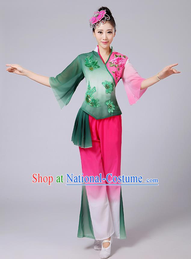 Traditional Chinese Yangge Fan Dancing Costume, Folk Dance Yangko Mandarin Sleeve Blouse and Pants Uniforms, Classic Dance Elegant Dress Drum Dance Pink Clothing for Women