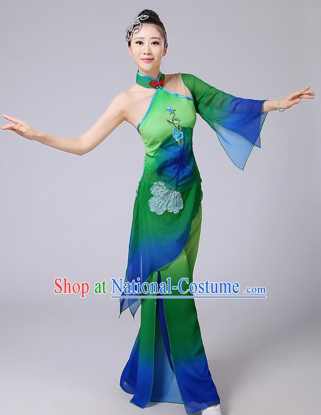 Traditional Chinese Yangge Fan Dancing Costume, Folk Dance Yangko Mandarin Sleeve Blouse and Pants Uniforms, Classic Dance Elegant Dress Drum Dance Green Clothing for Women