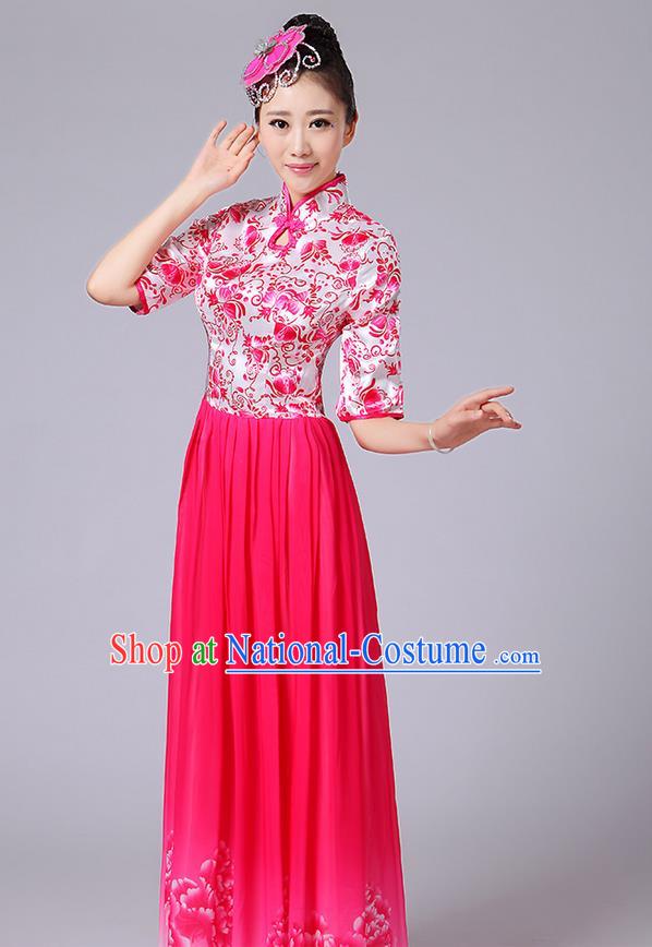 Traditional Chinese Style Modern Dancing Compere Costume, Women Opening Classic Chorus Singing Group Dance Mandarin Collar Peony Uniforms, Modern Dance Classic Dance Pink Cheongsam Dress for Women