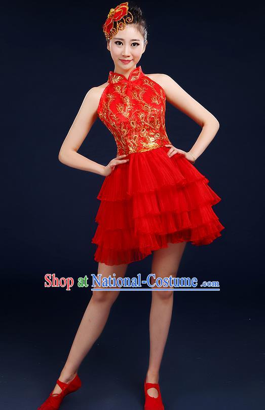 Traditional Chinese Modern Dancing Compere Costume, Women Opening Classic Dance Chorus Singing Group Bubble Uniforms, Modern Dance Classic Dance Big Swing Red Short Dress for Women