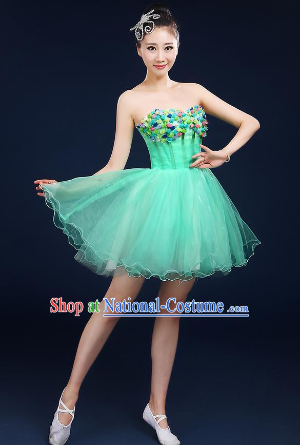 Traditional Chinese Modern Dancing Compere Costume, Women Opening Classic Dance Chorus Singing Group Bubble Tee Dress Uniforms, Modern Dance Classic Dance Big Swing Green Short Dress for Women