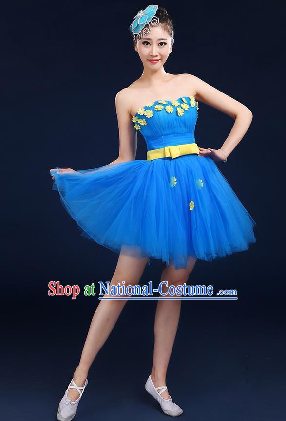 Traditional Chinese Modern Dancing Compere Costume, Women Opening Classic Dance Chorus Singing Group Bubble Tee Dress Uniforms, Modern Dance Classic Dance Big Swing Blue Short Dress for Women