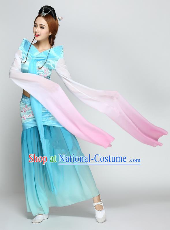 Traditional Chinese Ancient Yangge Fan Dancing Costume, Folk Dance Long Water Sleeve Uniforms, Classic Flying Dance Elegant Fairy Dress Drum Palace Lady Dance Blue Clothing for Women