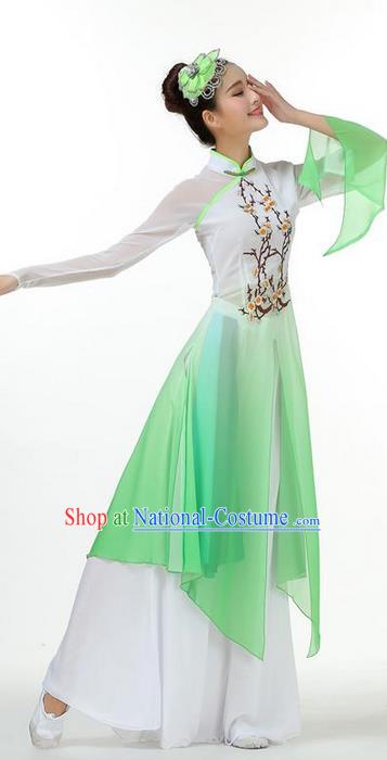 Traditional Chinese Yangge Fan Dancing Costume, Folk Dance Yangko Mandarin Sleeve Painting Plum Blossom Uniforms, Classic Dance Elegant Big Swing Dress Drum Dance Green Clothing for Women