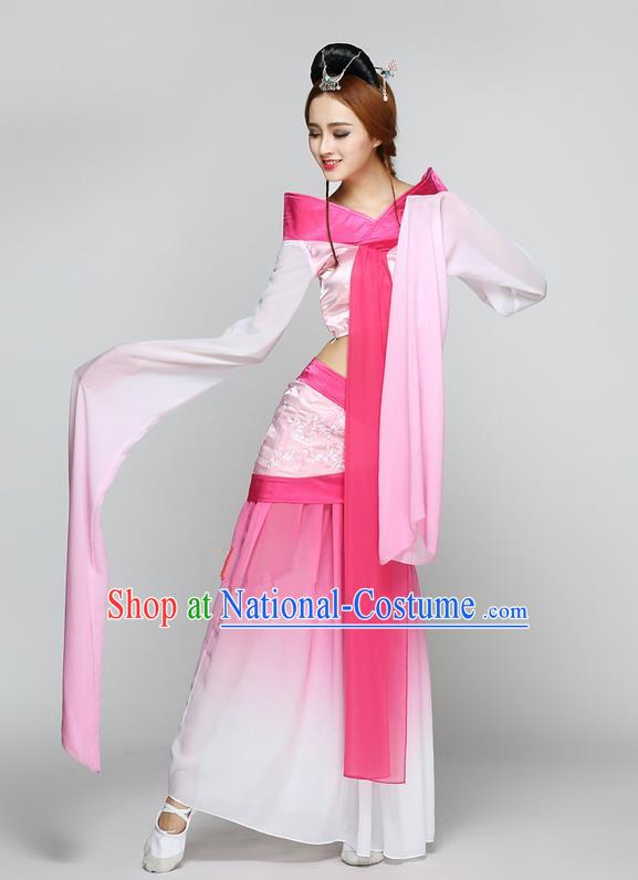 Traditional Chinese Ancient Yangge Fan Dancing Costume, Folk Dance Long Water Sleeve Uniforms, Classic Flying Dance Elegant Fairy Dress Drum Palace Lady Dance Pink Clothing for Women