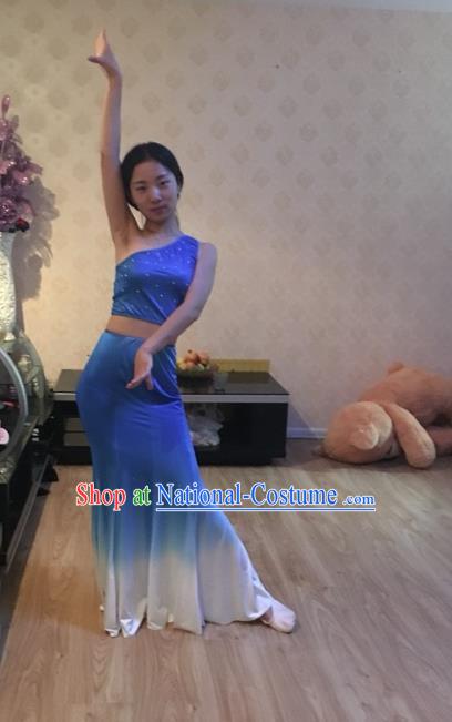 Traditional Chinese Dai Nationality Peacock Dancing Costume, Folk Dance Ethnic Fishtail Dress, Chinese Minority Nationality Dancing Blue Clothing for Women