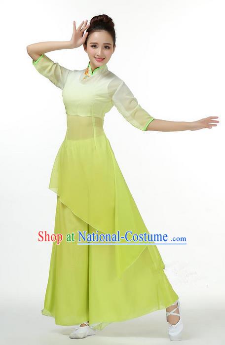 Traditional Chinese Yangge Fan Dancing Costume, Folk Dance Yangko Mandarin Collar Green Uniforms, Classic Umbrella Dance Elegant Big Swing Dress Drum Dance Clothing for Women