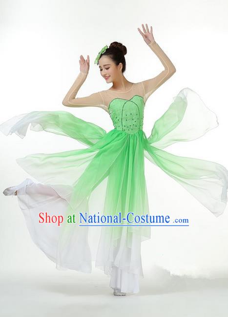 Traditional Chinese Yangge Fan Dancing Costume, Folk Dance Yangko Mandarin Collar Paillette Green Uniforms, Classic Umbrella Dance Elegant Big Swing Dress Drum Dance Clothing for Women