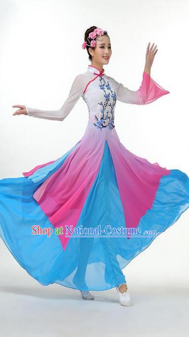 Traditional Chinese Yangge Fan Dancing Costume, Folk Dance Yangko Mandarin Collar Plum Blossom Painting Uniforms, Classic Dance Elegant Big Swing Dress Drum Dance Pink Clothing for Women