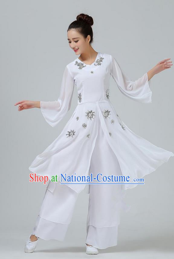 Traditional Chinese Yangge Fan Dancing Costume, Folk Dance Yangko Mandarin Sleeve Uniforms, Classic Umbrella Dance Elegant Big Swing Dress Drum Dance White Clothing for Women