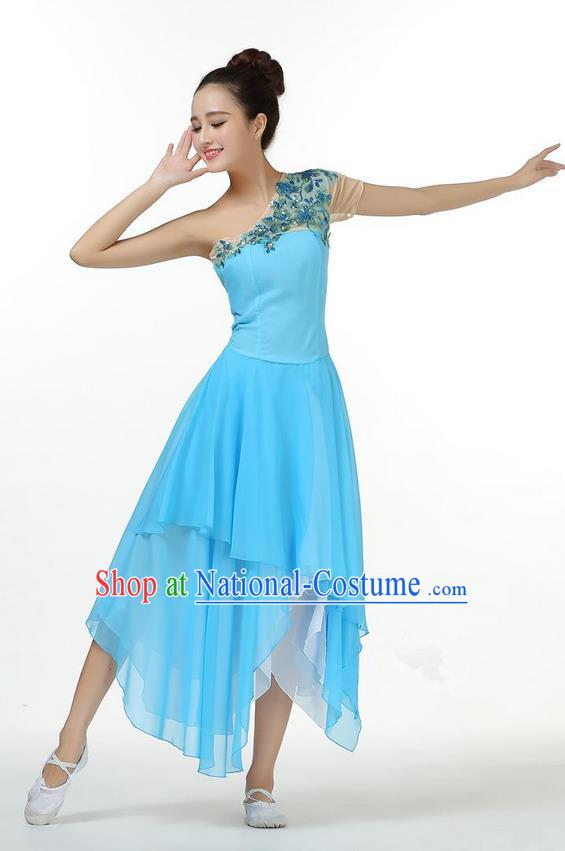 Traditional Modern Dancing Compere Costume, Women Opening Classic Chorus Singing Group Dance Dress, Modern Dance Classic Ballet Dance Blue Paillette Dress for Women