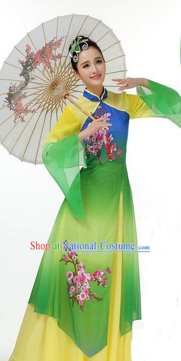 Traditional Chinese Yangge Fan Dancing Costume, Folk Dance Yangko Mandarin Sleeve Painting Plum Blossom Uniforms, Classic Dance Elegant Big Swing Dress Drum Dance Pink Clothing for Women