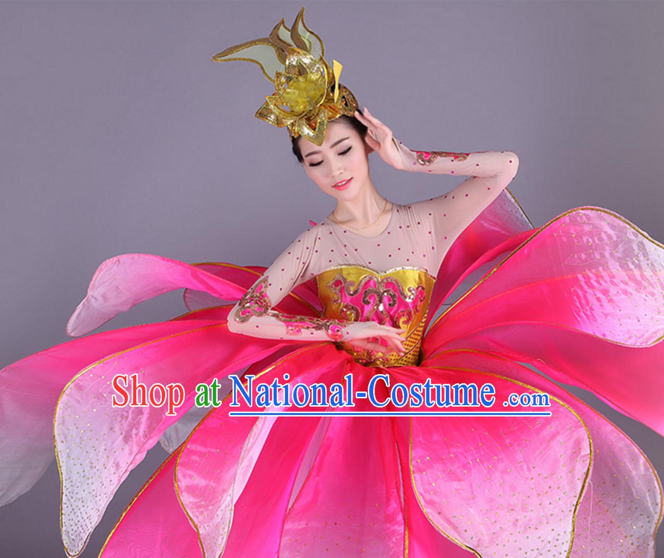 Chinese Professional Stage Performance Flower Dance Costumes and Headgear Complete Set for Women