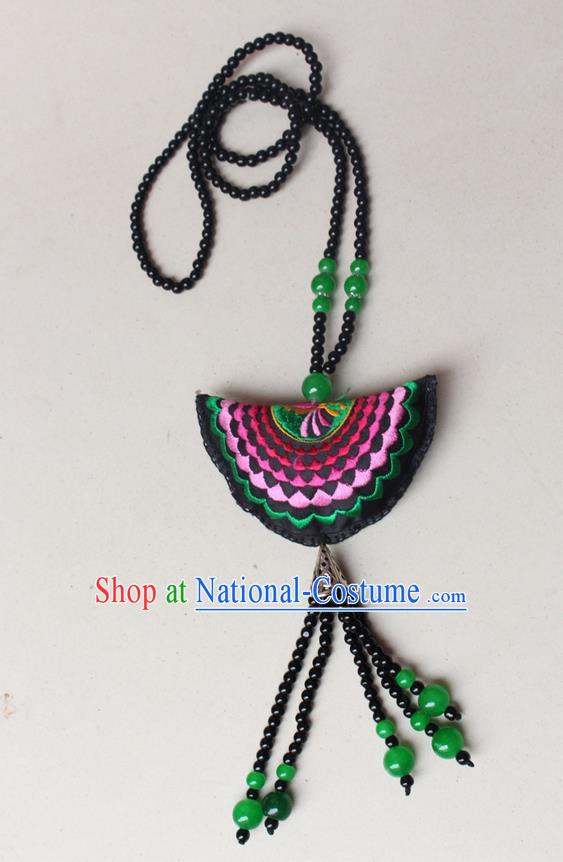 Traditional Chinese Miao Nationality Crafts Jewelry Accessory, Hmong Handmade Green Beads Tassel Double Side Embroidery Fan Pendant, Miao Ethnic Minority Necklace Accessories Sweater Chain Pendant for Women