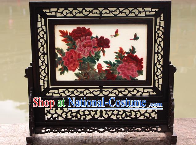 Traditional Chinese Miao Nationality Minority Crafts Hmong Xiangxi Embroidery Decorative Table Ornaments, Embroidery Peony Folding Screen