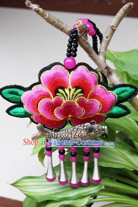 Traditional Chinese Miao Nationality Crafts Jewelry Accessory, Hmong Handmade Miao Silver Fish Beads Tassel Embroidery Flowers Pendant, Miao Ethnic Minority Necklace Accessories Sweater Chain Pendant for Women