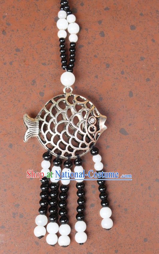 Traditional Chinese Miao Nationality Crafts Jewelry Accessory, Hmong Handmade Miao Silver Fish Beads Tassel Pendant, Miao Ethnic Minority Necklace Accessories Sweater Chain Pendant for Women