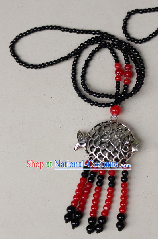 Traditional Chinese Miao Nationality Crafts Jewelry Accessory, Hmong Handmade Miao Silver Fish Beads Tassel Pendant, Miao Ethnic Minority Necklace Accessories Sweater Chain Pendant for Women