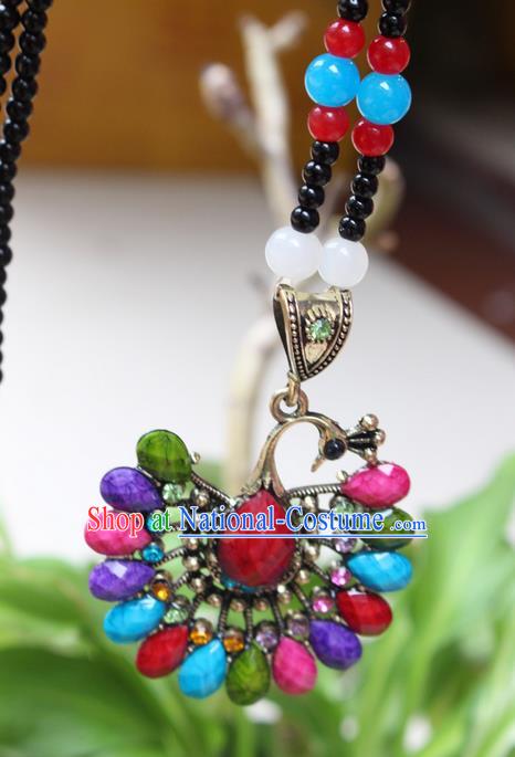 Traditional Chinese Miao Nationality Crafts Jewelry Accessory, Hmong Handmade Palace Peacock Beads Pendant, Miao Ethnic Minority Necklace Accessories Sweater Chain Pendant for Women