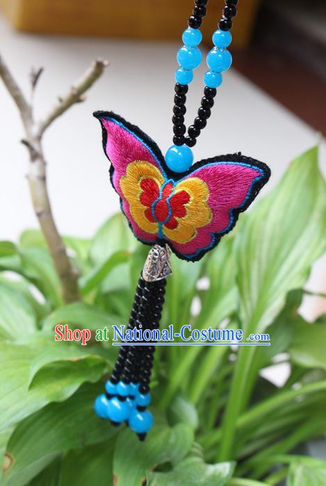 Traditional Chinese Miao Nationality Crafts Jewelry Accessory, Hmong Handmade Black Beads Tassel Double Side Embroidery Butterfly Pendant, Miao Ethnic Minority Necklace Accessories Sweater Chain Pendant for Women